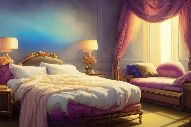 Image similar to vaporwave ombre detailed luxury bed in the bedroom. highly detailed, digital painting, artstation, concept art, smooth, sharp focus, illustration, ed hopper, chris moore. artgerm, tomasz alen kopera, peter mohrbacher, donato giancola, joseph christian leyendecker, wlop, boris vallejo