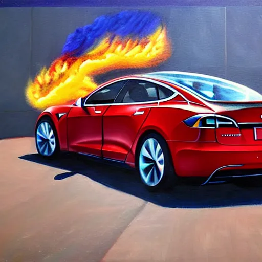 Image similar to a beautiful complex painting of a tesla on fire