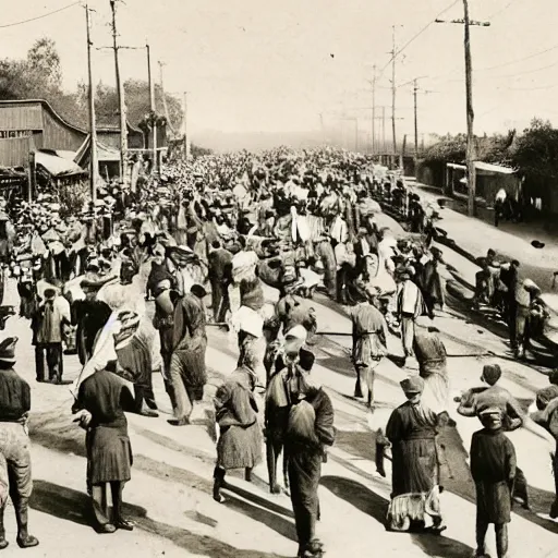 Prompt: A photograph of bread lines in the 1920's but everyone is doing the congo because capitalism is great, 4k, vintage photography