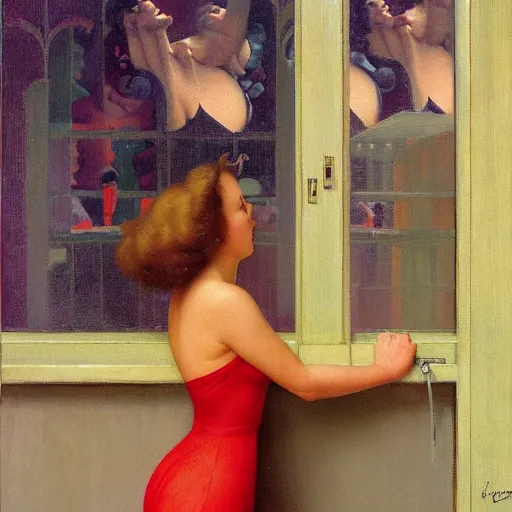 Image similar to retrofuturistic 1 9 3 0 s detailed oil painting of a woman in a window, cyberdeco cloisters, electronic billboards, tech noir, wet reflections, atmospheric, ambient, wlop, livia prima, george tooker, greg rutkowski, gil elvgren, grant wood, alexis flower, hopper, mucha, whistler, norman rockwell, peter max