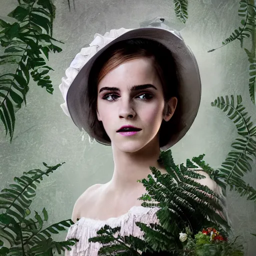 Image similar to washed out on worn out canvas textured canvas wall full body fashion model emma watson smokey eyes makeup eye shadow fantasy, glow, shimmer as victorian woman in a long white frilly lace dress and a large white hat having tea in a sunroom filled with flowers, roses and lush fern flowers ,intricate, night, highly detailed, dramatic lighting , high quality