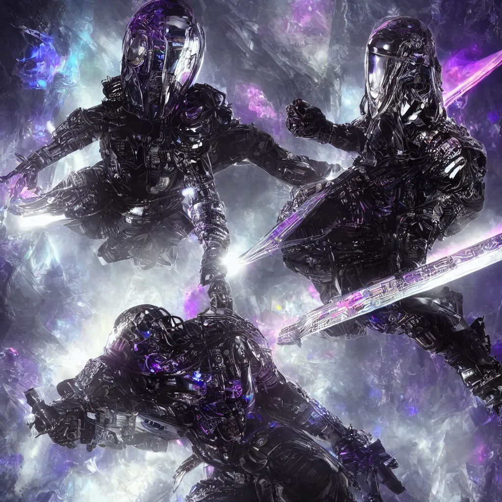 Prompt: Realistic render of a dark hooded powerful elite assassin wearing iridescent armor coated in complex circuitry and motherboards and microchips and brandishing a celestial sword (extremely detailed, iridescent, high quality, epic, futuristic, octane render, beautiful, shimmering, deity, epic dark megastructure background, 4K)