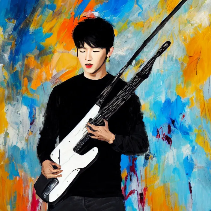 Image similar to large brush painting of a young korean male musician wearing stylish black v neck t shirt holding a telecaster!!! electric guitar!!, candid!! dark background, thick flowing dramatic brush strokes, dark matte colors, abstract, impressionist, motion, trending on artstation