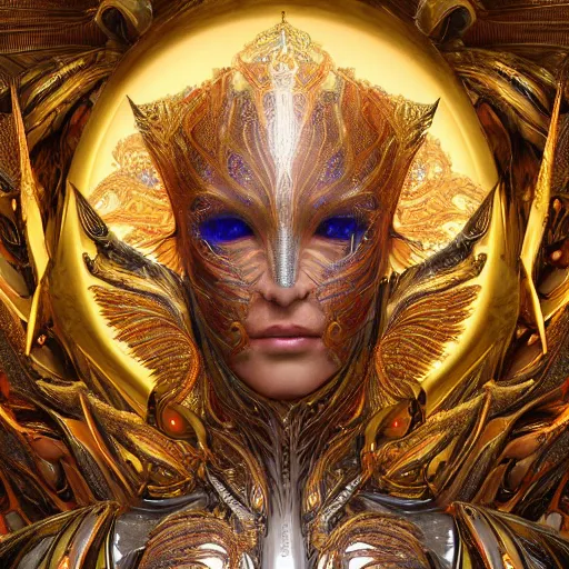 Prompt: a beautiful symmetrical body wearing an armor made of golden ornaments and gems by alex gray and android jones , Karol Bak, Ayami Kojima, Amano , 3D, 8k resolution