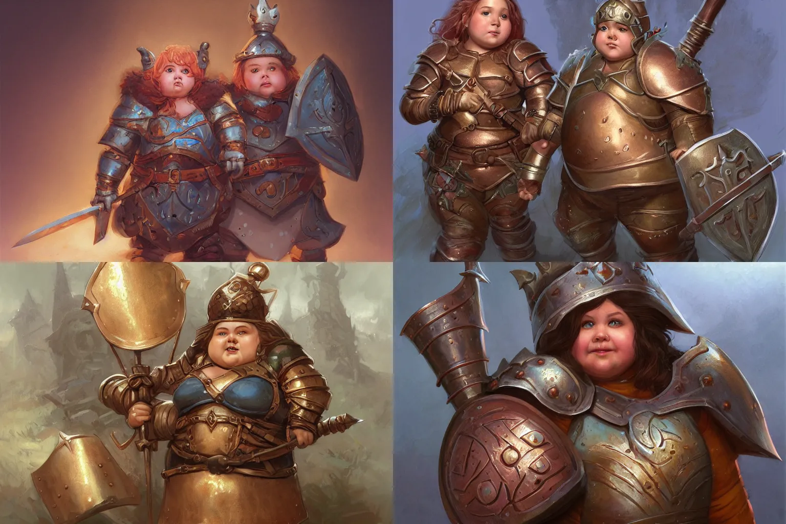 Prompt: cute chubby gnome woman wearing copper armor with sword and shield, small stature, short size, cute and adorable, DnD character art portrait, matte fantasy painting, DeviantArt Artstation, by donato giancola, ralph horley, loish, cinematic lighting