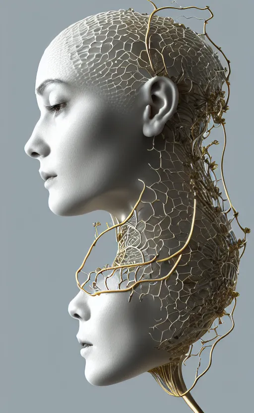 Image similar to complex 3d render of a beautiful porcelain profile woman face, vegetal dragon cyborg, 150 mm, beautiful natural soft light, rim light, silver gold details, magnolia leaves and stems, roots, fine lace, maze like, mandelbot fractal, anatomical, facial muscles, cable wires, microchip, elegant, highly detailed, white metallic armour, octane render, black and white, H.R. Giger style