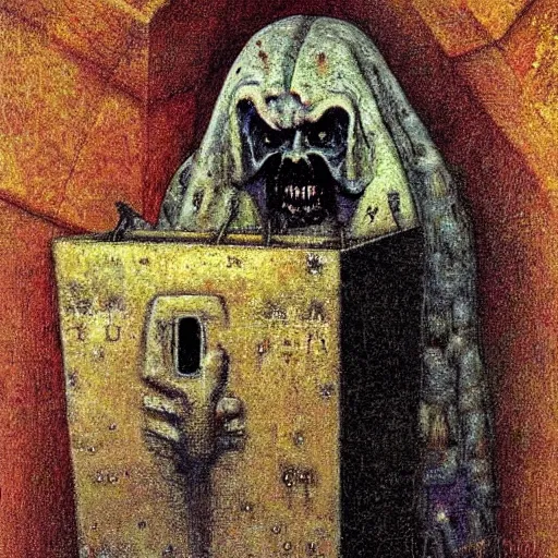 Image similar to demon hiding inside an ornate ancient sinister-looking box, by Odd Nerdrum, by Gustav Klimt, beautiful, eerie, surreal, colorful