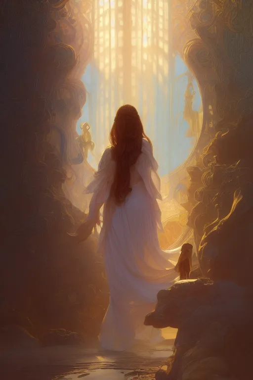 Image similar to painting of a shy noon in front of a dimensional portal, decorated, intricate, elegant, highly detailed, digital painting, artstation, concept art, smooth, sharp focus, illustration, art by artgerm and greg rutkowski and alphonse mucha, 8 k