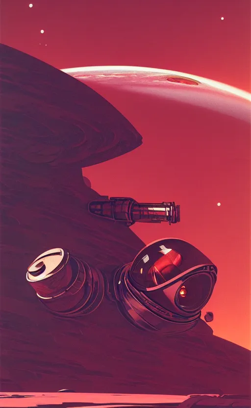 Prompt: syd mead artwork of a futuristic astronaut abandoned on a red ocean planet, lonely future cosmonaut abandoned on world of red water, detailed 4k stylized sci-fi artwork