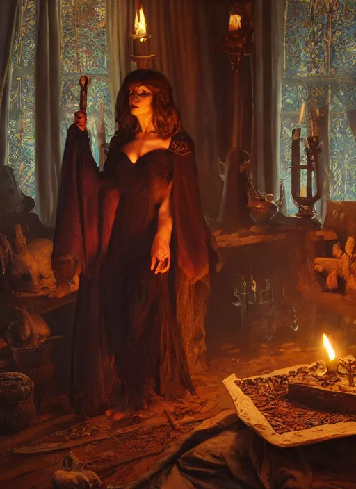 Prompt: firestarter inside covens den, intricate wiccan scene detailing, hyperdetailed, photorealistic, diffuse lighting, hdrp, artstation, unreal 5, smooth, textless, sharp focus, art by john collier, albert aublet, krenz cushart, artem demura, alphonse mucha