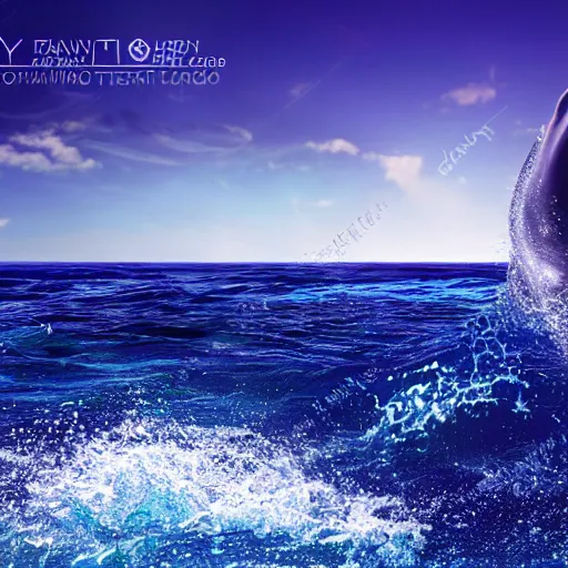 Image similar to stunning ultra realist waves reflections and refractions on the ocean with fantasy dolphin jumping, symmetry accurate features, focus, very intricate ultrafine details, blue purple aqua colors, award winning masterpiece, octane render