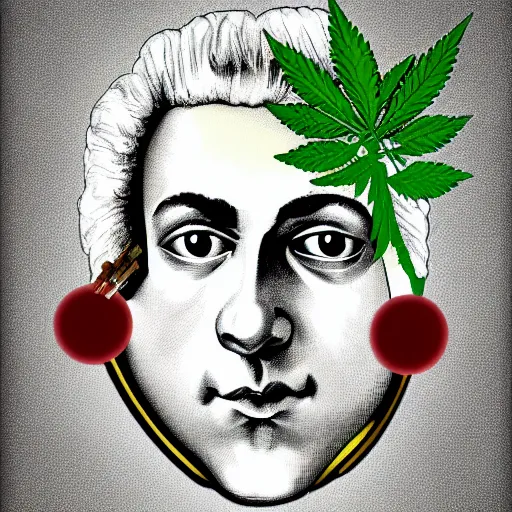 Prompt: Mozart with bloodshot eyes holding a weed joint in his hand, digital art