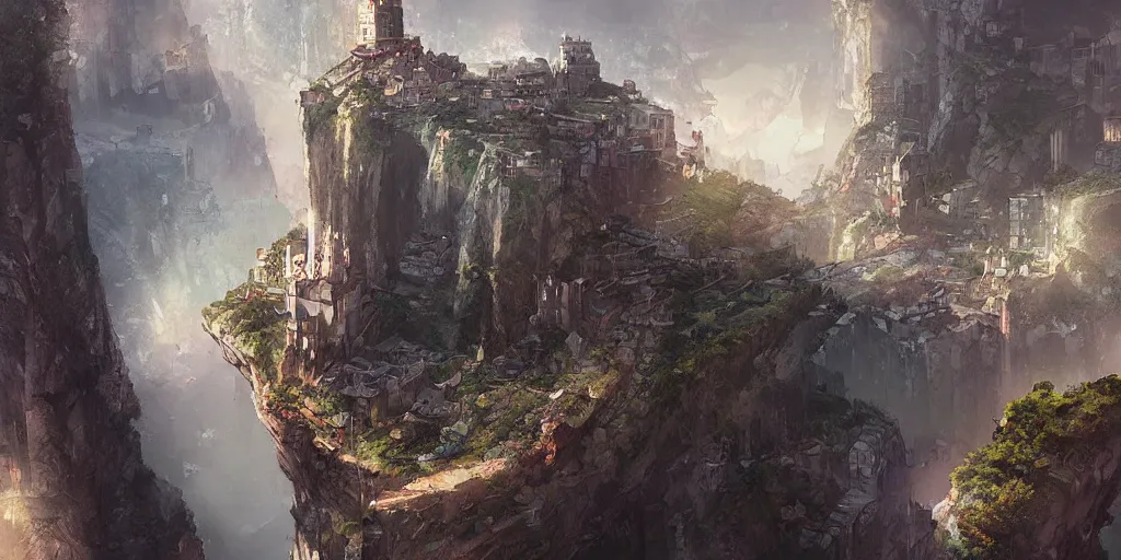 Prompt: a city on a big cliff, bright, hd 4 k high resolution digital art by charlie bowater