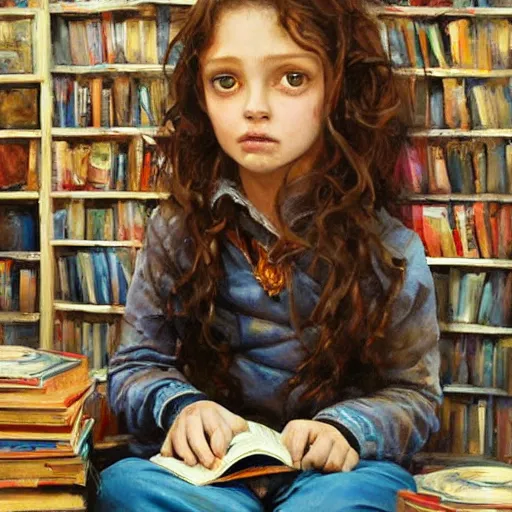 Image similar to a seven year old girl with short curly light brown hair and blue eyes sitting amidst tall piles of books. beautiful painting by raymond swanland and magali villanueve, beautiful detailed face.