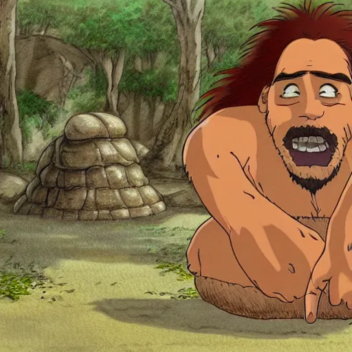 Image similar to a realistic cell - shaded studio ghibli concept art from paprika ( 2 0 0 6 ) of a giant caveman. very dull colors, wide shot, hd, 4 k, hq