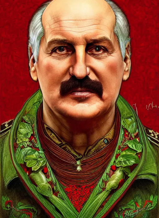 Prompt: lukashenko covered in potatoes, portrait, red and green flag, intricate, elegant, highly detailed, digital painting, artstation, concept art, wallpaper, smooth, sharp focus, illustration, art by h. r. giger and artgerm and greg rutkowski and alphonse mucha