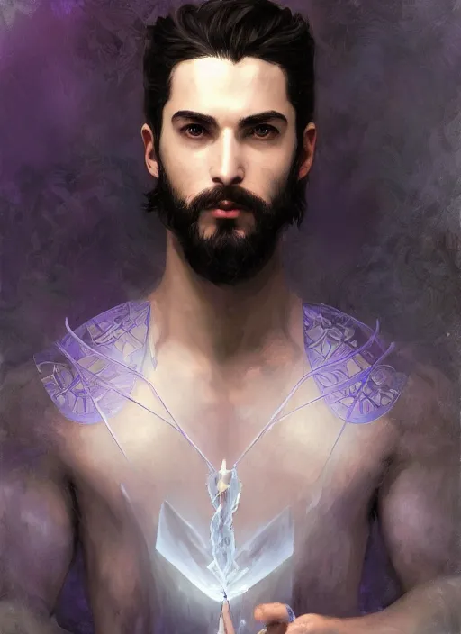 Image similar to character concept portrait of an handsome young focused Spanish wizard with pale purple skin enchanting an water spell, a floating iridescent spell book in the center, intricate, elegant, digital painting, concept art, smooth, sharp focus, illustration, from Metal Gear, by Ruan Jia and Mandy Jurgens and William-Adolphe Bouguereau, Artgerm