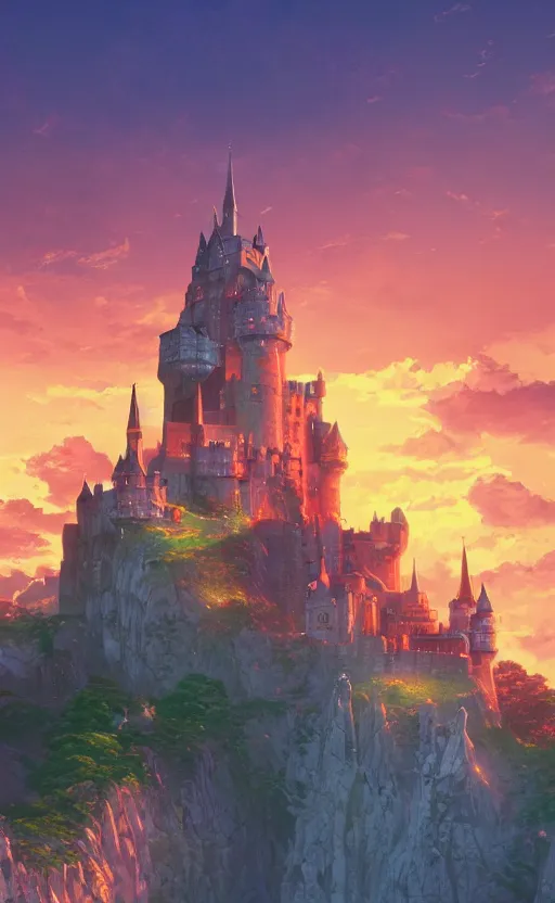 Prompt: colorful digital illustration of game or thrones castle, by makoto shinkai and thomas kinkade and james gilleard, pixar style, beautiful matte painting, high detail, heavenly glow, colorful, octane render, 4 k hd wallpaper