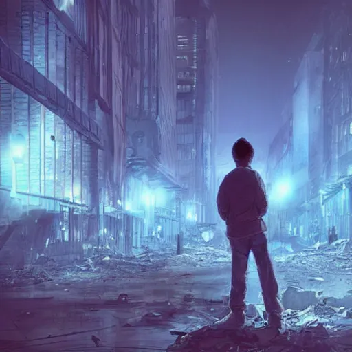 Prompt: the last human sitting in a destroyed city at night, the only light source comes from his smartphone in his hands, the smartphone light is blue, the human is in the style of Irakli Nadar on ArtStation and the city is in the style of Aleksey Pollack on ArtStation, 4k,