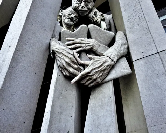 Image similar to by francis bacon, louise bourgeois, bruno catalano, mystical photography evocative. an intricate fractal concrete and chrome brutalist carved sculpture of the secret faces of god, standing in a city center.