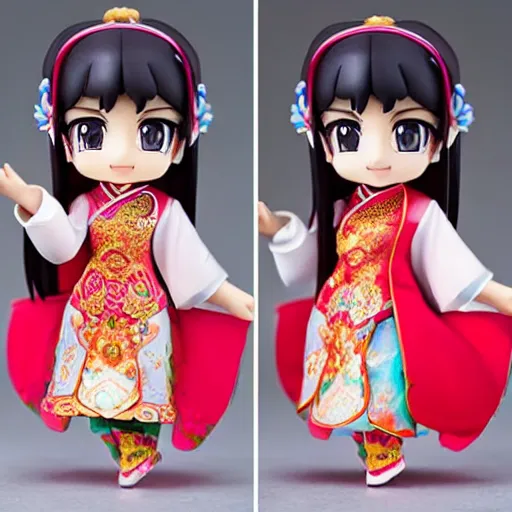 Image similar to cute and gorgeous asian girl in a pretty intricate chinese dress, beautiful symmetrical eyes, nendoroid face symmetry