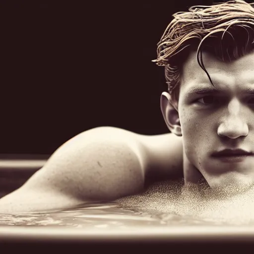 Image similar to photographic portrait by Annie Leibovitz of Tom Holland in a hot tub, foggy, sepia, moody, dream-like, sigma 85mm f/1.4, 15mm, 35mm, 4k, high resolution, 4k, 8k, hd, full color