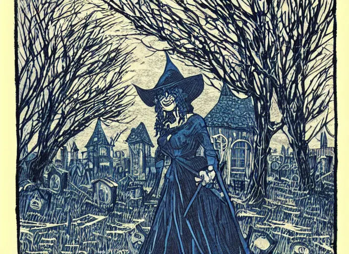 Image similar to blue woodcut print, cartoon halloween witch in graveyard at midnight by greg rutkowski, fine details, highly detailed