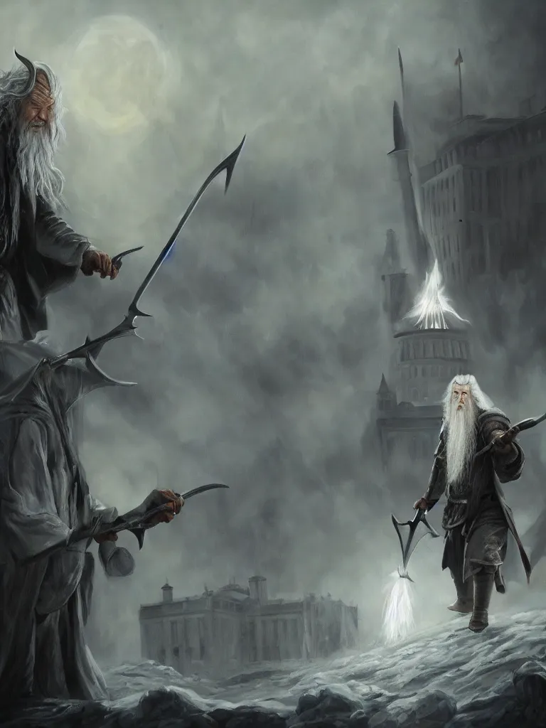 Image similar to gandalf attacks the white house, epic dark fantasy horror stylized oil painting by ivan shiskin. trending on artstation