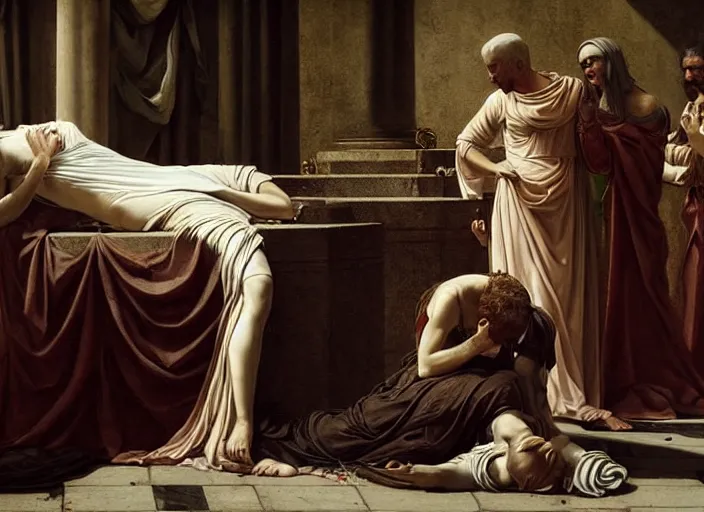 Image similar to this sorrowful picture illustrates the poignant death of lucretia which led to a revolt that overthrew the monarchy and established the republic of rome. hyperrealism, intricate details, trending on artsation