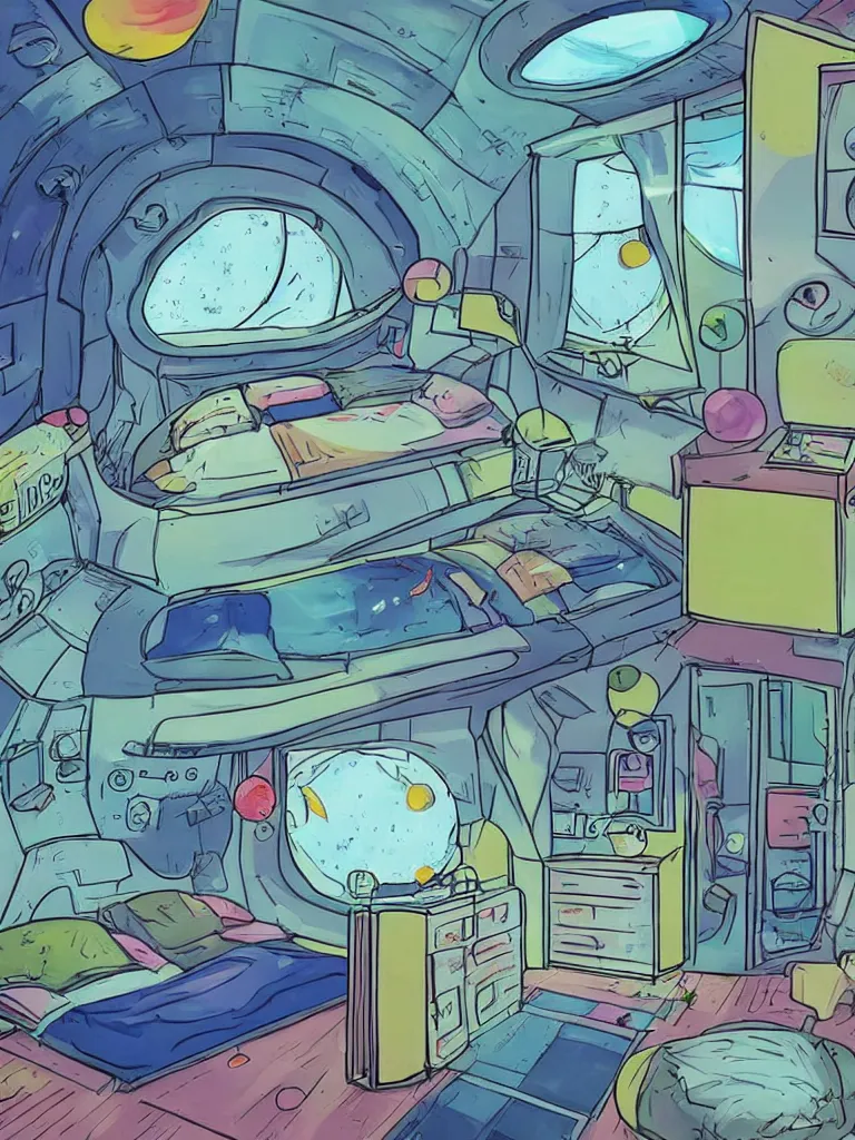 Image similar to Interior of a small, comfy bedroom on a spaceship. In the background is a large window showing outer space. Spread out around the room are lush plants. Graphic novel, bold warm and cool colours,