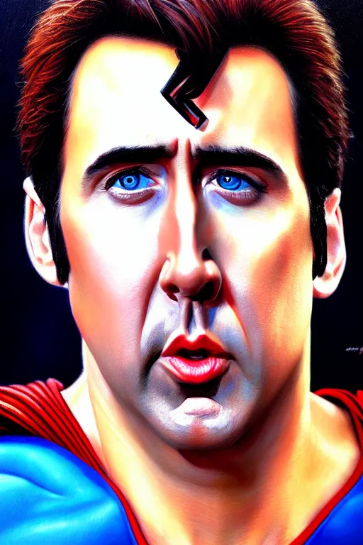 Image similar to portrait of nicolas cage as superman looking away from the camera, intricate, extremely detailed oil painting by mark brooks, artstation