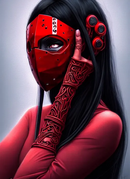 Prompt: portrait of long black hair girl within a red steel mask and streetwear. cynical face, concept art, cyberpunk illustration, intricate, highly detailed 8 k, smooth, matte, sharp focus, rim light, beautiful and aesthetic shape of face and body, artgerm, artstation, art by gharliera and rinotuna and junpei