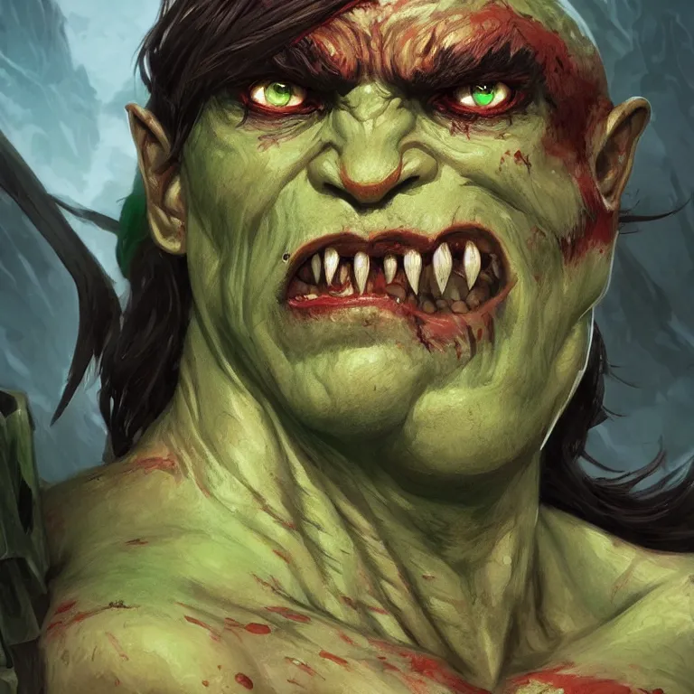 Prompt: portrait of a an orc barbarian with green skin and red eyes (with white pupils), D&D, fantasy, highly detailed, digital painting, artstation, smooth, sharp focus, illustration, art by artgerm and greg rutkowski and alphonse mucha
