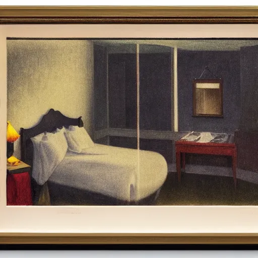 Prompt: a demon in a liminal hotel room, daguerreotype by edward hopper, by henri rousseau, by Bosch, by Pontormo, art noveau, highly detailed, strong lights, liminal, eerie, Bright pastel colors, octane render, 8k,