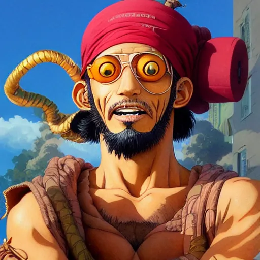 Prompt: highly detailed vfx portrait of usopp by eiichiro oda!, greg rutkowski, loish, rhads, beeple, makoto shinkai, tom bagshaw, alphonse mucha, sharp focus, art by artgerm and greg rutkowski, stanley kubrick, backlit, harsh overhead sunlight,