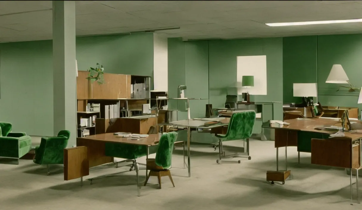 Prompt: a still of severance series indoor 7 0 s green velvet and wood with metal furniture office scenario appearing in a film of jacques tati