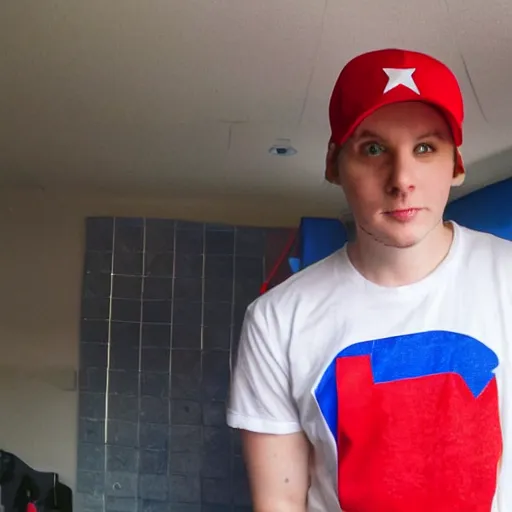 Image similar to a full body shot of an average white, short young - adult man with blue dyed hair holding a microphone, wearing a red backwards cap, white t - shirt with a red no symbol on it, blue long pants and red shoes