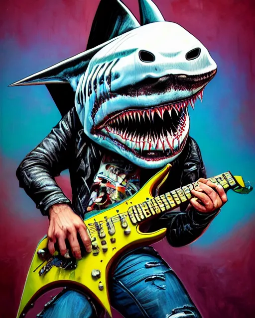 Prompt: a portrait of an anthropomorphic cyberpunk great white shark head, shredding an electric guitar by sandra chevrier, by jon foster, detailed render, epic composition, cybernetics, 4 k realistic, fender stratocaster, cryengine, realistic shaded lighting, sharp focus, masterpiece, by enki bilal