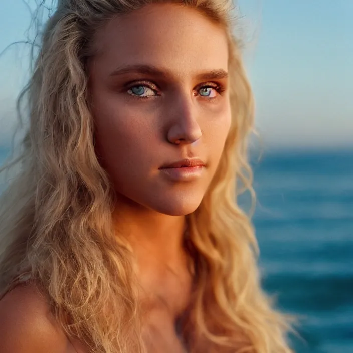 Prompt: portrait photograph of an extremely beautiful!!!! young female , symmetric face!, symmetric round detailed eyes!!, Wavy tinted blonde hair! slight smile, natural light, at a Manhattan beach during golden hour. looking at the camera!!. pink bikini. super resolution. Extremely detailed. Graflex camera!, bokeh!!!!! trending on artstation.