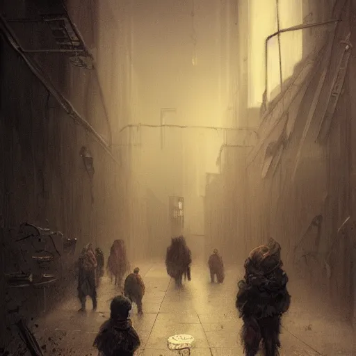 Prompt: dark alley full of homeless children being questioned by a futuristic cop, somber, by beksinski and jeremy mann and alphonse mucha and stan lee, fantasy art, photo realistic, dynamic lighting, artstation, poster, volumetric lighting, very detailed faces, award winning