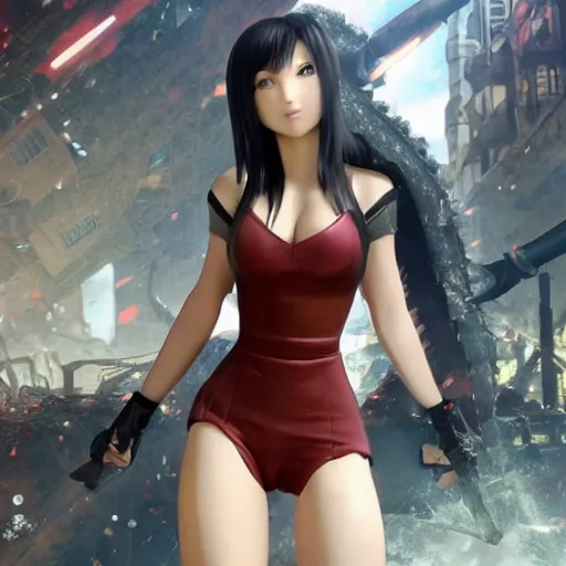 Image similar to a giant giga sized tifa from final fantasy 7 remake having fun destroying a city while smiling, digital art, octane render, award winning, very detailed, full body portrait, 3d render, detailed facial expressions, destroyed city, 4k destruction, fire, video game art, no text, ray tracing, slow motion glitter sparkles in the air, powerful, chakra attack, good composition