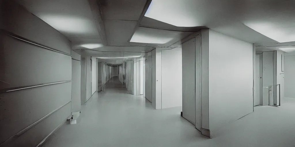 Image similar to noisy color photograph of a retrofuturist liminal space, hallways, minimalist, cinematic, soft vintage glow