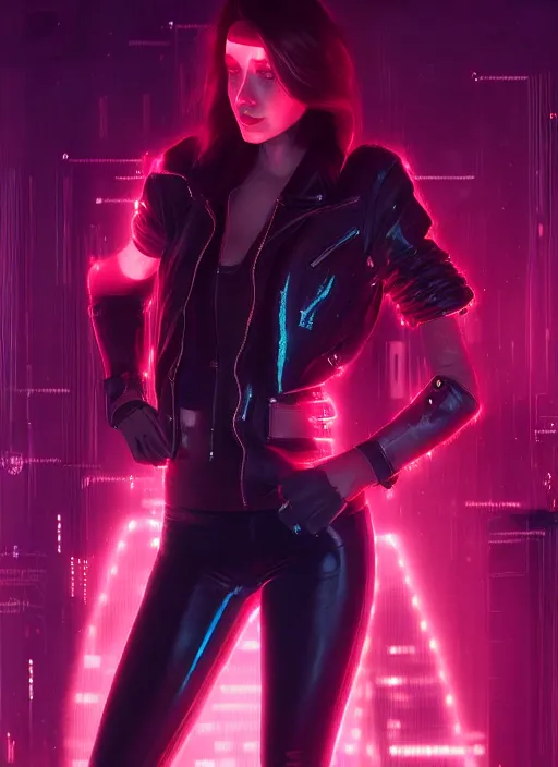 Image similar to pretty young woman with shoulder length shiny shimmering dark red hair and wearing a stuffed leather jacket with the glow of neon lights illuminating her, path traced, highly detailed, high quality, digital painting, by cd projekt red, cyberpunk,