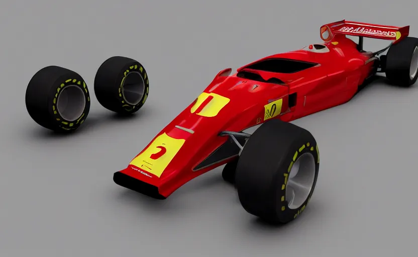 Prompt: retro futuristic ferrari formula 1 car inspired by f 1 2 0 2 1 concept and ferrari 6 4 3, modeled in blender, rendered with octane,