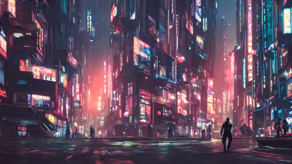 Image similar to cyberpunk city street with many people and robots of different heights, tokyo, volumetric lighting, fight happening, trending artstation, unreal engine 5, matte painting, atmospheric perspective, huge depth of field, by syd mead, dreadjim, fengzhu