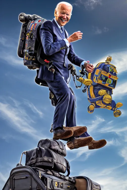 Image similar to joe biden flying with jet pack, hdr, masterpiece, photorealistic, cinematic, intricate detail, smooth, 4 k, aesthetic lighting, baroque object, sharp focus, hyper detailed, featured face details, arstation trending, ultra realistic, winning pullitzer award photo by : canon eos 5 d mark iv, by karah mew and adnan abidi and jodie bateman