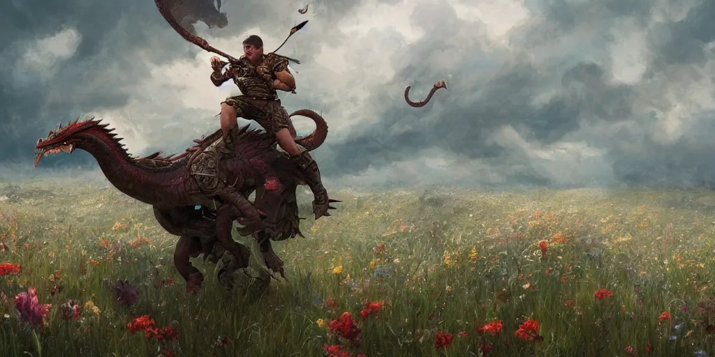 Prompt: male fighter ridding a dragon in a field of flowers, superwide angle, D&D, fantasy, intricate, cinematic lighting, highly detailed, digital painting, artstation, concept art, smooth, sharp focus, illustration, art by Greg Rutkowski