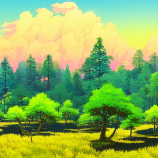 Prompt: forest lanscape panorama by makoto shinkai in pixar style backdrop gouache 7 0 s cartoon