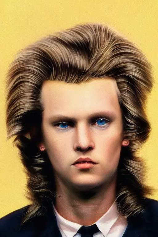 Prompt: an original beeple digital art portrait of a typical member of generation x, in the style of a 1 9 8 0's glamour shot, beautiful flowing mullet hairstyle