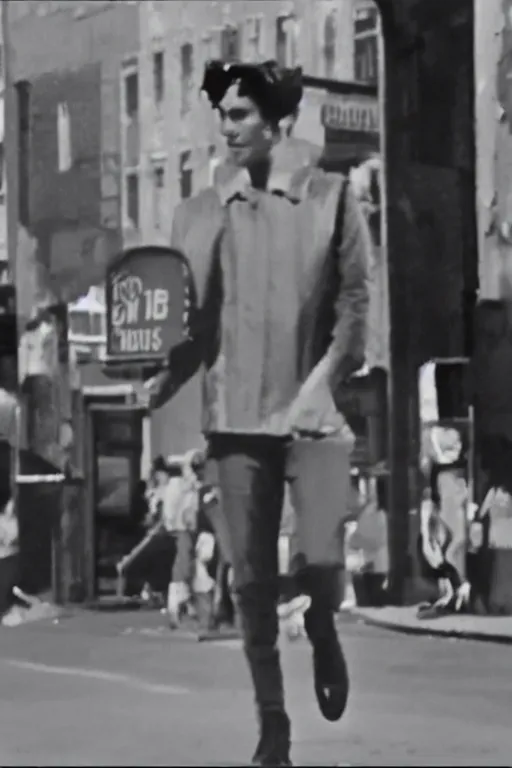 Prompt: still from vhs footage of jughead walking down street
